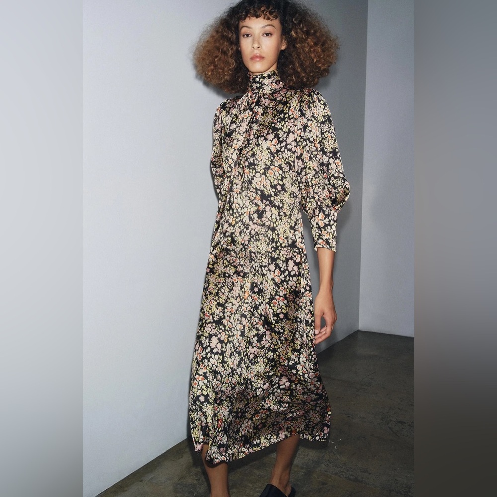 Zara ZW COLLECTION FLORAL MIDI DRESS size L NWOT